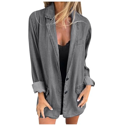 Jeansjacke Damen Oversize Lang, Jeansblazer Damen Elegant, Jeansmantel Große Größen Jeanshemd Locker Denim-Jacke Revers Streetwear Jacke Mit Knöpfen Freizeitjacke Lässige Bikerjacke Jeans-Blazer von Generisch