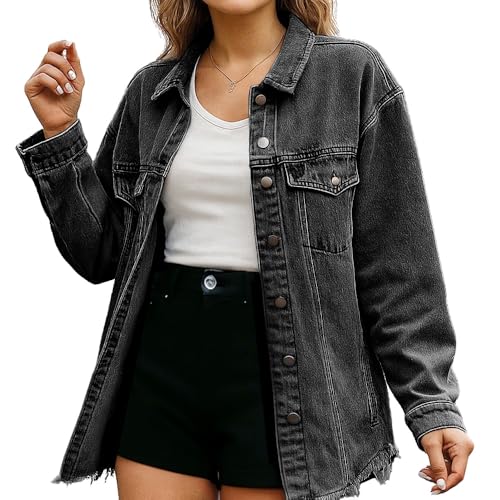 Jeansjacken Damen Leichte übergangsjacke Kanten und Waschen Jacke Winter Herbst Blouson Streetwear Freizeitjacke mit Tasche (DE/NL/SE/PL, Alphanumerisch, S, Regular, Regular, Schwarz) von Generisch