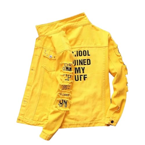Jeansmantel für Herren mit Aufdruck, kurze Punk-Männer, schmales Loch, zerrissen aus Stoff, Jeansjacken, 92 gelbe Jacke, XL von Generisch
