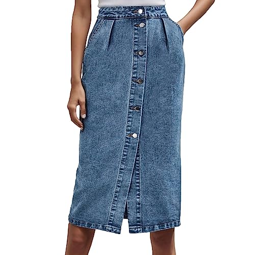 Jeansrock Bauchweg Rock Mit Hohe Taille Amerikanischer Knopf A Linien Röck Lang Elegante Elastisch Röcke High Waist Elegant Damenrock Langes Stretch Damen Freizeitrock Langer (Blue, M) von Generisch