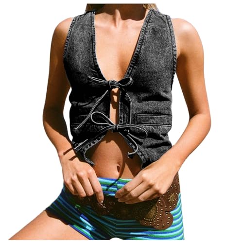 Jeansweste Damen Lässige Sommermantel Leicht Ärmellose Collegejacke Für Streetwear Zerrissene Cropped Jacke Oversize Denim-Westen Lederweste Damenwesten Sommer Übergangsjacke Outfits Crop Tops von Generisch