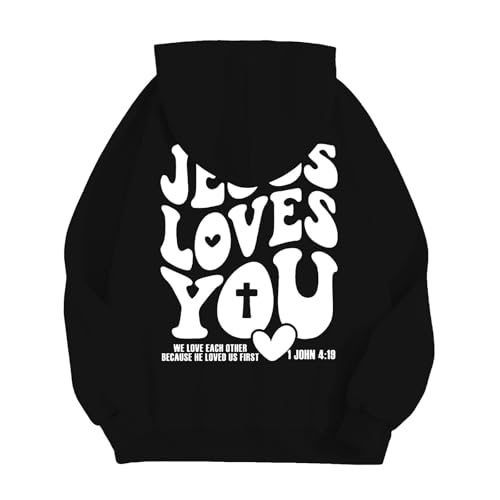 Jesus Hoodie Herren Pullover Jesus Loves You Langarmshirt Merry Christmas Sweatshirt Hoody Casual Einfarbig Kapuzepullover Lässig Lose Pulli Brief Druck Sweater mit Tasche (Black, XL) von Generisch