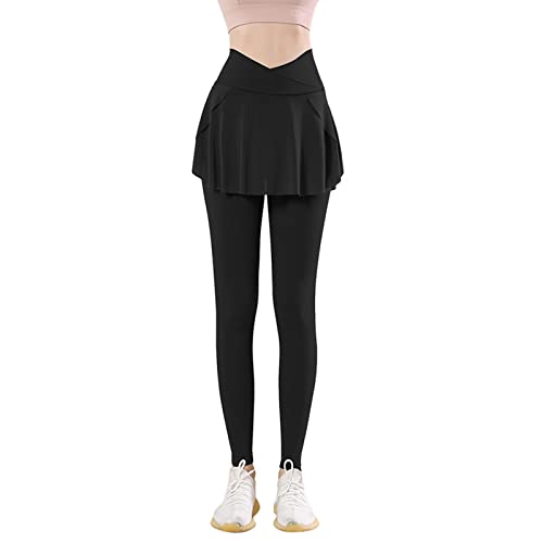 Jogahosen Dame, Sport Leggings mit Rock Schwarze Sexy Tennisrock mit Hose High Waist Rock mit Hose Lang Weiß Weißer Rock Leggings Damen 3/4 XL Faltenrock Tennishose 2-in-1 von Generisch