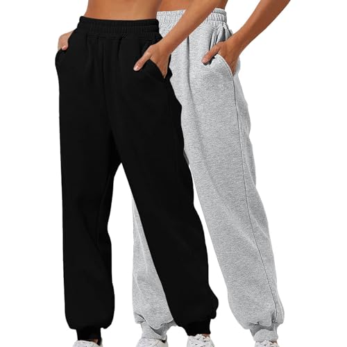 Jogger Damen, 2Er-Pack Jogginghose Damen Sporthose Baggy Laufhosen Stoffhose Mit Taschen High Waist Trainingsanzug Bequeme Sweathose Streatwear Freizeithose Y2K Hose Mädchen von Generisch