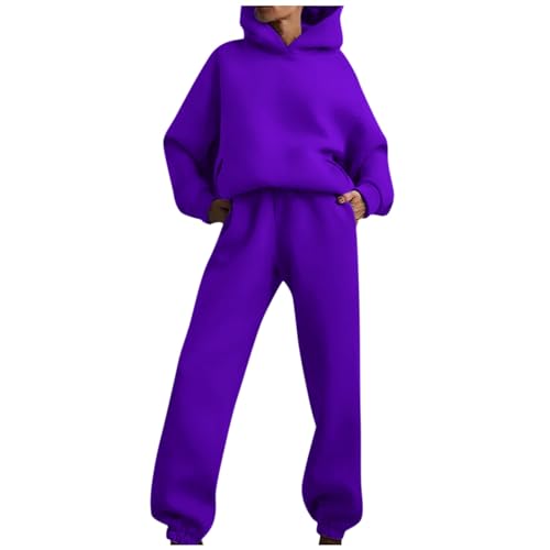 Jogginganzug Damen Oversize, Set Mode Solide Farbe Trainingsanzug Baumwolle Jogginghose Sport Zweiteiliges Set Sweatshirt Mit Kapuze Herbst Outfit Gym Set Schlafen Set Outfit (M, Dark Purple) von Generisch