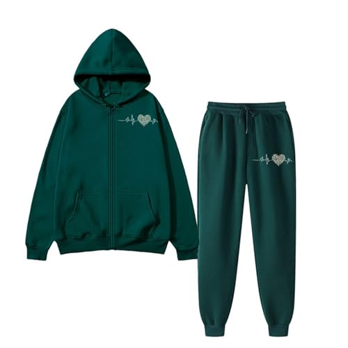 Jogginganzug Damen Set 2025 Traingsanzug Damen Elegant Langarm Trainingsanzug Sport Hosenanzug Casual Hoodie mit Reißverschluss Kordelzug + Jogginghose 2 Teilig Outfit Winter Sport (02 Green, XXXL) von Generisch