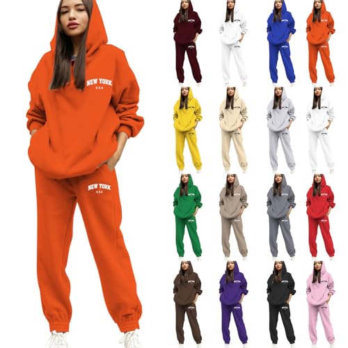 Jogginganzug Damen Set Hausanzug mit Kapuze 2 Teile Buchstaben Druck Sweatshirt und Jogginghose Baggy Langarm Trainingsanzug Frau Lose Kapuzenpullover Hose Fitnessanzug Sportanzug für Yoga Gym Outfit von Generisch