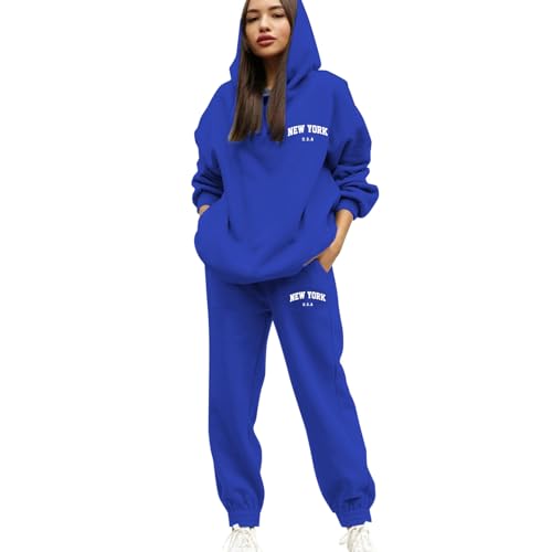 Jogginganzug Damen Set Hausanzug mit Kapuze 2 Teile Buchstaben Druck Sweatshirt und Jogginghose Baggy Langarm Trainingsanzug Frau Lose Kapuzenpullover Hose Fitnessanzug Sportanzug für Yoga Gym Outfit von Generisch