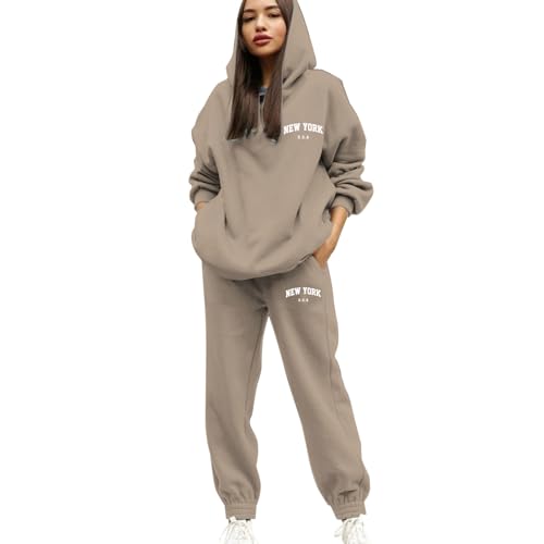 Jogginganzug Damen Set Hausanzug mit Kapuze 2 Teile Buchstaben Druck Sweatshirt und Jogginghose Baggy Langarm Trainingsanzug Frau Lose Kapuzenpullover Hose Fitnessanzug Sportanzug für Yoga Gym Outfit von Generisch