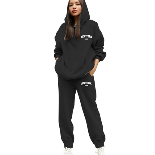Jogginganzug Damen Set Hausanzug mit Kapuze 2 Teile Buchstaben Druck Sweatshirt und Jogginghose Baggy Langarm Trainingsanzug Frau Lose Kapuzenpullover Hose Fitnessanzug Sportanzug für Yoga Gym Outfit von Generisch