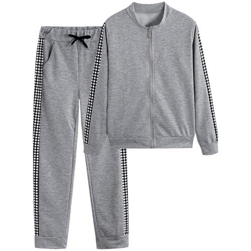 Jogginganzug Damen Set Mit Reisverschluss Trainingsanzug Damen Kuschelig Zweiteiler Patchwork Kariert Hosenanzug Damen Sportlich Elegant 2 Teiler Jogging Anzug Frauen Stehkragen Freizeitanzug von Generisch
