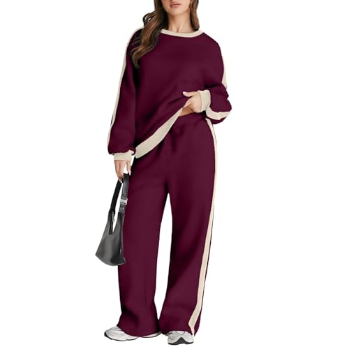 Jogginganzug Damen Set Winter Trainingsanzug Damen Warm Gefüttert Hosenanzug Damen Elegant 2 Teiler Zweifarbig Anzug Frauen Kuschelig Sportlich Zweiteiler Freizeitanzug Weites Bein Sportanzug von Generisch