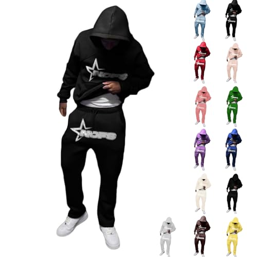 Jogginganzug Herren 2 Teilig Tracksuit Trainingsanzug mit Buchstaben Druck Hoodie und Jogginghose Y2K Hip Hop Streetwear Oversized Baggy Freizeitanzug Sportanzug Set Winter Warm Baumwolle Sweatsuit von Generisch