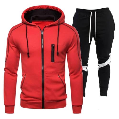 Jogginganzug Herren Set Streatwear Trainingsanzug Baggy Sportanzug Gemütliche Tracksuit Streatwear Jogging Anzug Sweatjacke + Jogginghose Outfit Komplett Set Herbst & Winter Rot XXL von Generisch