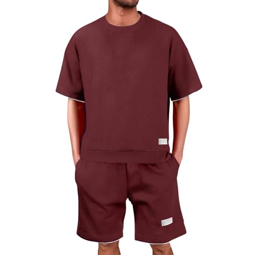 Jogginganzug Herren Shorts Tshirt Set Trainingsanzug 2 Teiler Herren Sommer Outfit Zweiteiler Fitness Kleidung Freizeitanzug Shirt + Kurze Hose Set Sportanzug Sommeranzug Tracksuit für (02-Red, L) von Generisch