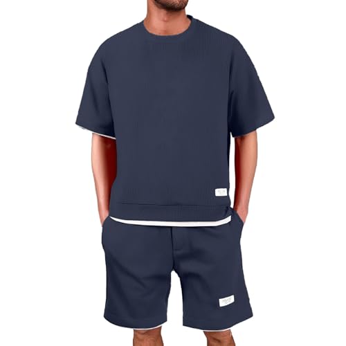 Jogginganzug Herren Shorts Tshirt Set Trainingsanzug 2 Teiler Herren Sommer Outfit Zweiteiler Fitness Kleidung Freizeitanzug Shirt + Kurze Hose Set Sportanzug Sommeranzug Tracksuit für (Z2-Navy, L) von Generisch