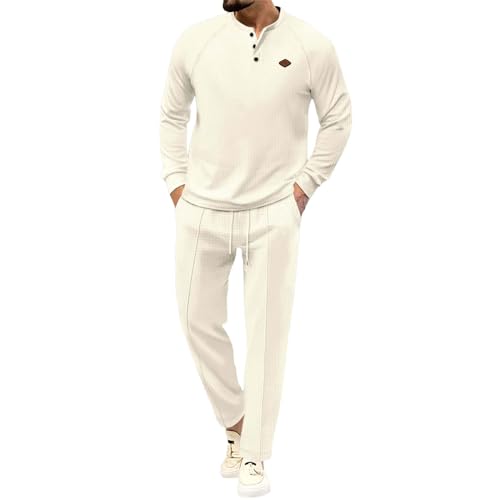 Jogginganzug Herren Sommer Leicht - Sportanzug Herren Lang Waffel Zweiteiler Rundhals Langarmshirt Und Freizeithose Stretch Lang Frizeitshirt Modern Elegant Freizeitanzug Leicht Bequem Männer 2 Teilig von Generisch