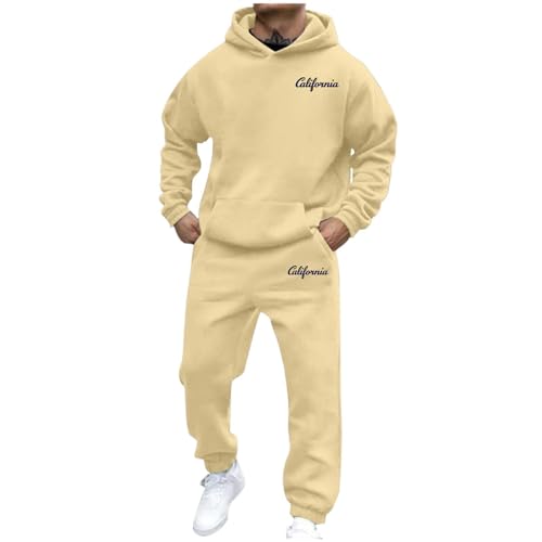 Jogginganzug Herren Trainingsanzug 3D Logo Jogging Anzug Set Herren California Sportanzug Warm Kapuzenpullover Jogginghose 2 Teiliger Y2K Hip Hop Fitnessanzug Loose Fit Laufanzug (01Beige, XL) von Generisch