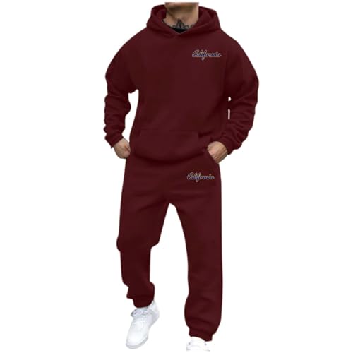 Jogginganzug Herren Trainingsanzug 3D Logo Jogging Anzug Set Herren California Sportanzug Warm Kapuzenpullover Jogginghose 2 Teiliger Y2K Hip Hop Fitnessanzug Loose Fit Laufanzug (01Wein, 3XL) von Generisch
