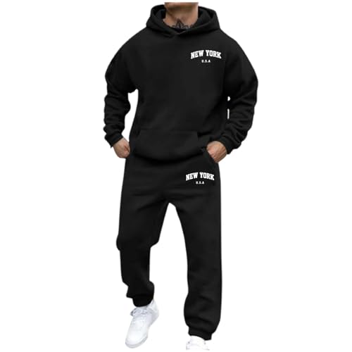 Jogginganzug Herren Trainingsanzug 3D Logo Jogging Anzug Set Herren NEW YORK Sportanzug Warm Kapuzenpullover Jogginghose 2 Teiliger Y2K Hip Hop Fitnessanzug Loose Fit Laufanzug (02Schwarz, L) von Generisch