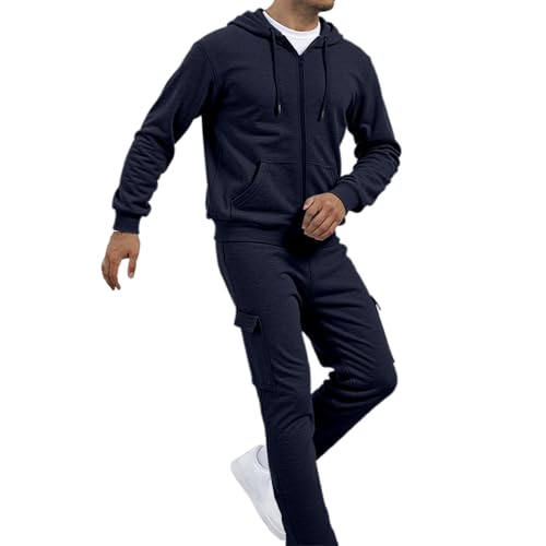 Jogginganzug Herren Trainingsanzug Jogginganzug Set Herren Sportanzug Einfarbig Warm Kapuzenpullover Jogginghose 2 Teiliger Hip Hop Fitnessanzug Loose Fit Laufanzug Gym Tracksuit (Navy-1, L) von Generisch