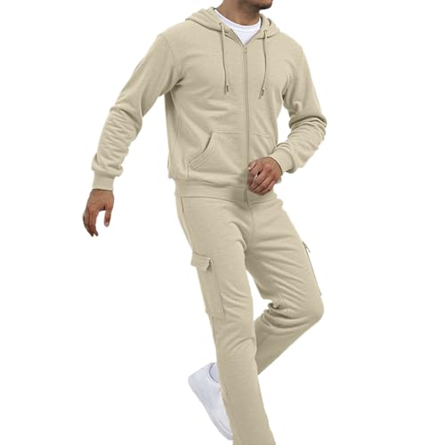 Jogginganzug Herren Trainingsanzug Jogginganzug Set Herren Sportanzug Einfarbig Warm Kapuzenpullover Jogginghose 2 Teiliger Hip Hop Fitnessanzug Loose Fit Laufanzug Gym Tracksuit (Khaki-2, M) von Generisch