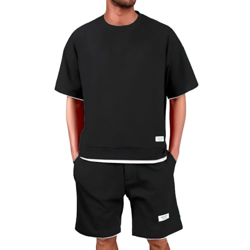 Jogginganzug Herren Waffel T Shirt + Kurze Hose Set Trainingsanzug Herren Sommer Herrenanzüge mit Taschen Bequeme Kurz Freizeitanzug Sportanzug Sommeranzug Atmungsaktive Lässig von Generisch
