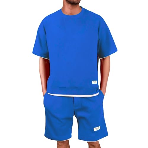 Jogginganzug Herren Waffel T Shirt + Kurze Hose Set Trainingsanzug Herren Sommer Herrenanzüge mit Taschen Bequeme Kurz Freizeitanzug Sportanzug Sommeranzug Atmungsaktive Lässig von Generisch