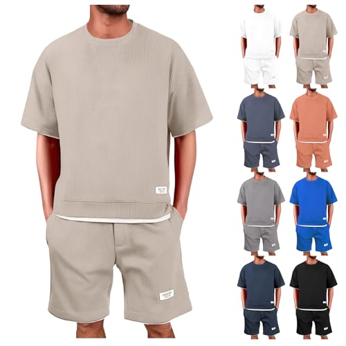 Jogginganzug Herren Waffel T Shirt + Kurze Hose Set Trainingsanzug Herren Sommer Herrenanzüge mit Taschen Bequeme Kurz Freizeitanzug Sportanzug Sommeranzug Atmungsaktive Lässig von Generisch