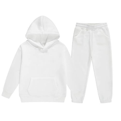 Jogginganzug Mädchen Jungen 2 Teiliges Einfarbig Trainingsanzug Sportanzug Kapuzenpullover Jogginghose Bekleidungsset Outfits Sets Sport Hoodie Jogging Anzug Freizeitanzug für Kinder 152 Weiß von Generisch