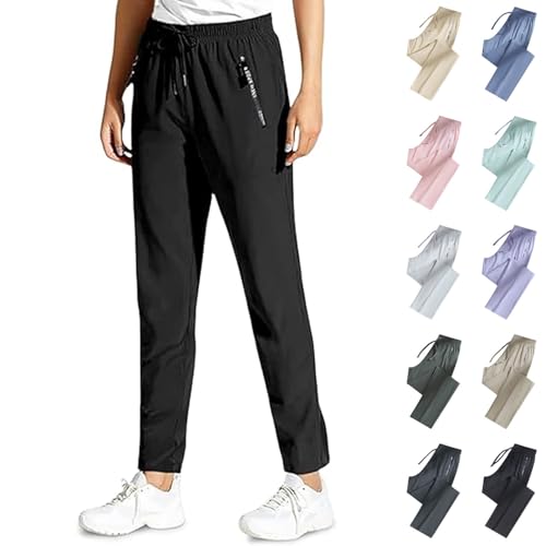 Jogginghose Damen Stretch Eisseide Sweathose Outdoorhose Leicht Elastische Sporthose Taille Trainingshose Kordelzug Baggy Wanderhose Mit Reißverschlusstaschen Schwarz von Generisch