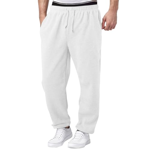 Jogginghose Herren Baggy Sporthose Mit Taschen Elastische Taille Breite Sporthose Lang Einfarbig Freizeithose Loose Fit Sweatpants S-3XL Weiß M von Generisch
