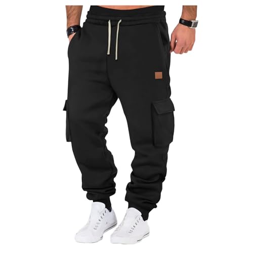 Jogginghose Herren Winter Hosen Einfarbig Relaxed-Fit Sweathose Jogginghosen Aestethic Sweatpants Elastische Taille Freizeithosen Outdoorhose Baggy Cargohosen mit Kordelzug und Taschen Streetwear von Generisch