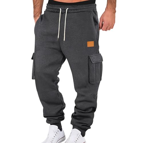 Jogginghose Herren Winter Hosen Einfarbig Relaxed-Fit Sweathose Jogginghosen Aestethic Sweatpants Elastische Taille Freizeithosen Outdoorhose Baggy Cargohosen mit Kordelzug und Taschen Streetwear von Generisch