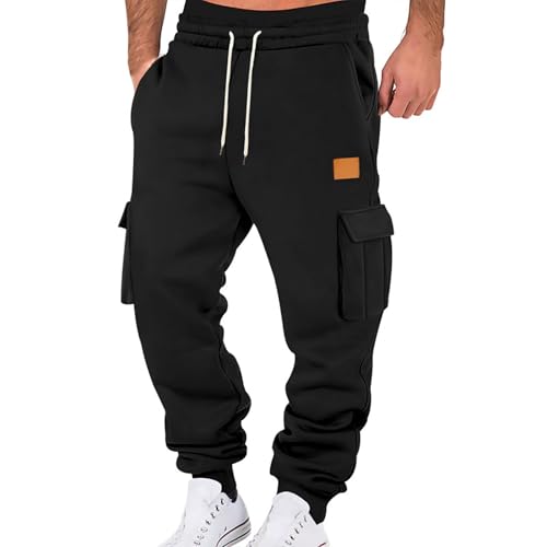 Jogginghose Herren Winter Hosen Einfarbig Relaxed-Fit Sweathose Jogginghosen Aestethic Sweatpants Elastische Taille Freizeithosen Outdoorhose Baggy Cargohosen mit Kordelzug und Taschen Streetwear von Generisch