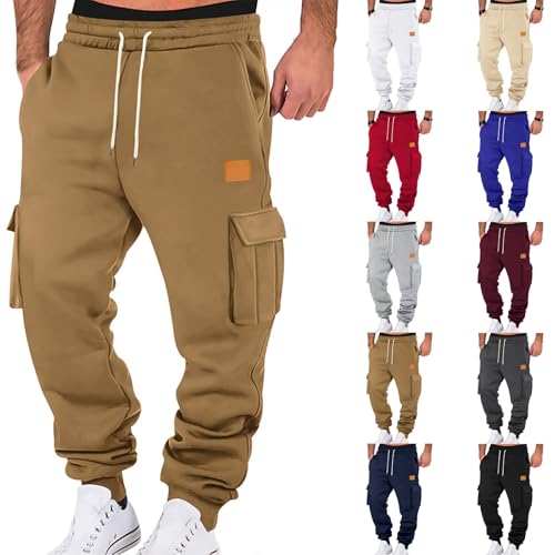 Jogginghose Herren Winter Hosen Einfarbig Relaxed-Fit Sweathose Jogginghosen Aestethic Sweatpants Elastische Taille Freizeithosen Outdoorhose Baggy Cargohosen mit Kordelzug und Taschen Streetwear von Generisch
