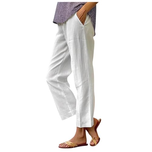 Joggpants Damen,Damen Leicht Luftig Sommerhose Elegant Stoffhose Musselin Hose Baumwolle Leinenhose Einfarbig Freizeithose Stretch Straight Leg Hose Bequeme Weite Palazzo mit Taschen Weiss XL von Generisch