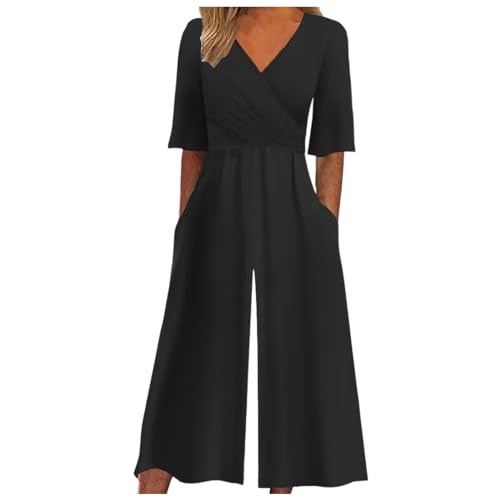 Jumpsuit Damen Hosenanzug Overall Set Damen Boho Print V-Ausschnitt Halbarm Jumpsuit Tasche Gerade Hose Jumpsuits (Black, M) von Generisch