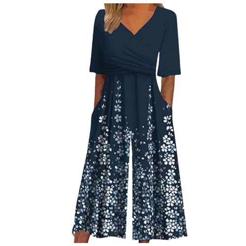 Jumpsuit Damen Hosenanzug Overall Set Damen Boho Print V-Ausschnitt Halbarm Jumpsuit Tasche Gerade Hose Jumpsuits (Blue, L) von Generisch