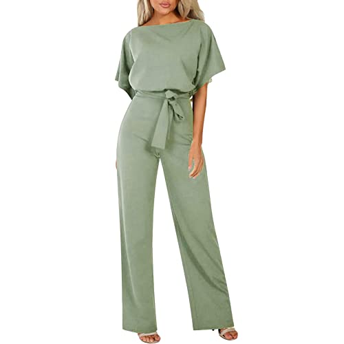 Jumpsuit Damen Sommer Ärmellos Weites Bein Kurzarm Rundhalsausschnitt Overall Romper Mit Taschen Elegant Flatterärmel Plissee Bodysuit Festlich Hosenanzüge Business Set Ganzkörperanzug Große Größen von Generisch