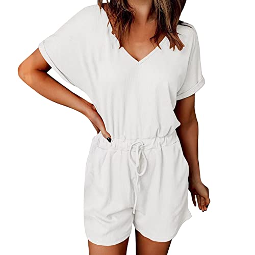 Jumpsuit Damen Sommer Elegant Lang Curvy Kurz Locker Schwarz Weiß Große Größen Weiss L Jumpsuit Damen Elegant Sommer Ärmellos Overall Mit Rüschen Frauen Oberteile Top Und Kurze Hose von Generisch
