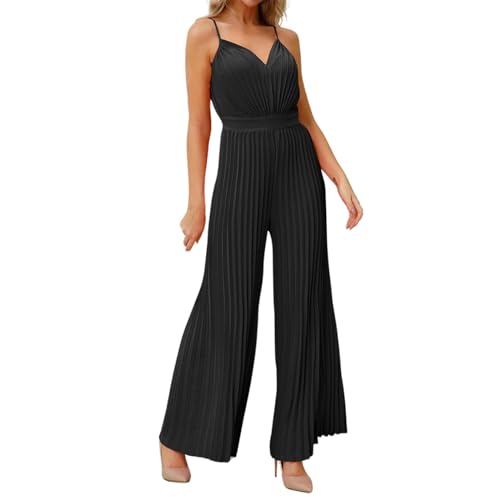 Jumpsuit Damen Sommer Lang Leicht und Luftig V-Ausschnitt Jumpsuits Elegant Wide Leg Overall mit Taschen Hosenanzug Lockere Playsuit Spaghettiträger Romper Einfarbig Overalls Ärmellos Sommeroveralls von Generisch