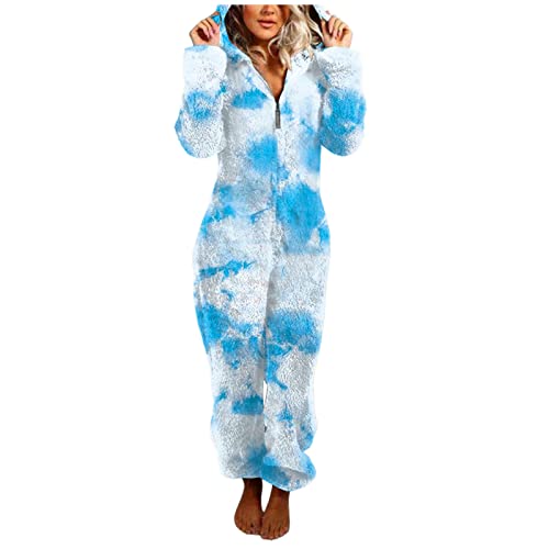 Jumpsuit Damen Teddy Fleece Einteiler Overall Anzug Flauschig Schlafanzug Winter Warm Onesie Plüsch Kuschelig Hausanzug Lang Schlafoverall Weich Pyjama Schlafanzug mit Kapuze Jumpsuit Homewear von Generisch