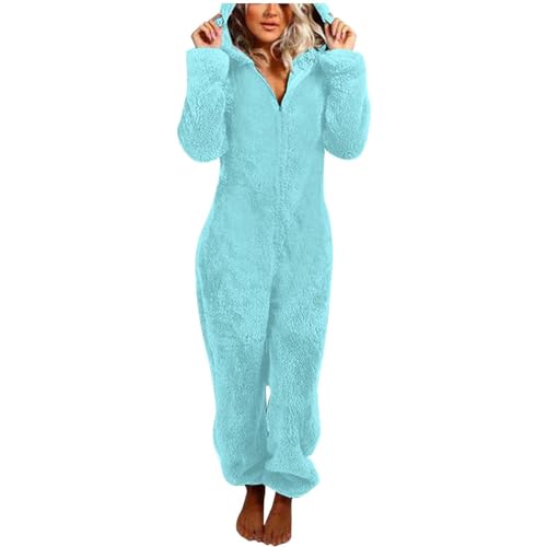 Jumpsuit Damen Teddy Fleece Einteiler Overall Anzug Flauschig Schlafanzug Winter Warm Onesie Plüsch Kuschelig Hausanzug Lang Schlafoverall Weich Pyjama Schlafanzug mit Kapuze Jumpsuit Homewear von Generisch