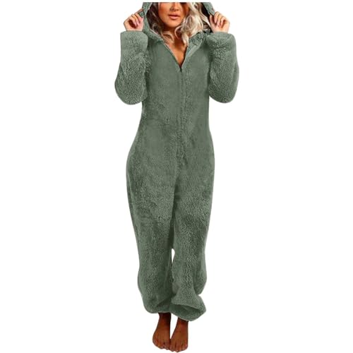 Jumpsuit Damen Teddy Fleece Einteiler Overall Anzug Flauschig Schlafanzug Winter Warm Onesie Plüsch Kuschelig Hausanzug Lang Schlafoverall Weich Pyjama Schlafanzug mit Kapuze Jumpsuit Homewear von Generisch