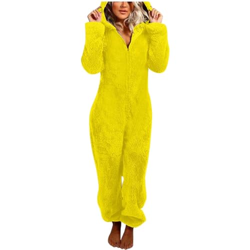 Jumpsuit Damen Teddy Fleece Einteiler Overall Anzug Flauschig Schlafanzug Winter Warm Onesie Plüsch Kuschelig Hausanzug Lang Schlafoverall Weich Pyjama Schlafanzug mit Kapuze Jumpsuit Homewear von Generisch