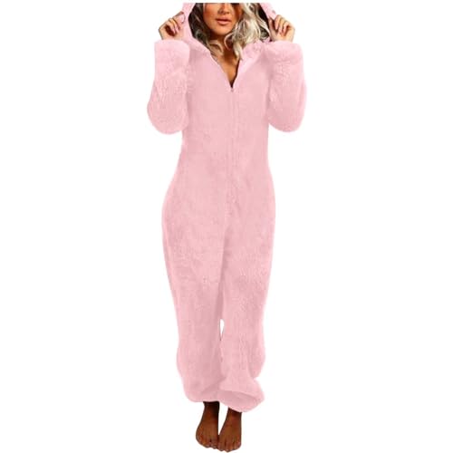 Jumpsuit Damen Teddy Fleece Einteiler Overall Anzug Flauschig Schlafanzug Winter Warm Onesie Plüsch Kuschelig Hausanzug Lang Schlafoverall Weich Pyjama Schlafanzug mit Kapuze Jumpsuit Homewear von Generisch
