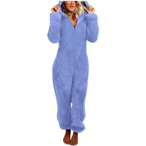 Jumpsuit Damen Teddy Fleece Einteiler Overall Anzug Flauschig Schlafanzug Winter Warm Onesie Plüsch Kuschelig Hausanzug Lang Schlafoverall Weich Pyjama Schlafanzug mit Kapuze Jumpsuit Homewear von Generisch