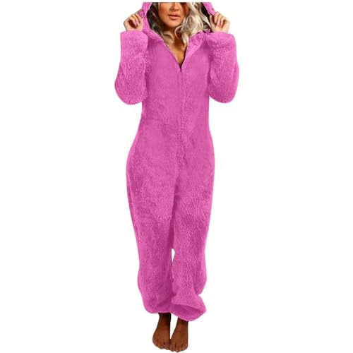 Jumpsuit Damen Teddy Fleece Einteiler Overall Anzug Flauschig Schlafanzug Winter Warm Onesie Plüsch Kuschelig Hausanzug Lang Schlafoverall Weich Pyjama Schlafanzug mit Kapuze Jumpsuit Homewear von Generisch