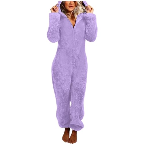 Jumpsuit Damen Teddy Fleece Einteiler Overall Anzug Flauschig Schlafanzug Winter Warm Onesie Plüsch Kuschelig Hausanzug Lang Schlafoverall Weich Pyjama Schlafanzug mit Kapuze Jumpsuit Homewear von Generisch